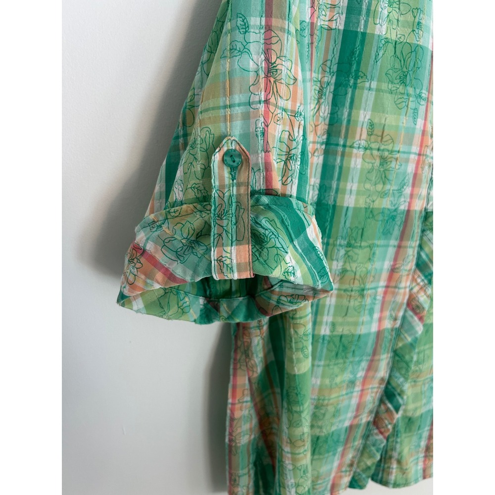 Alia Women Green Plaid Floral Button Up Shirt Short Sleeve Tab Textured Top - Picture 3 of 9